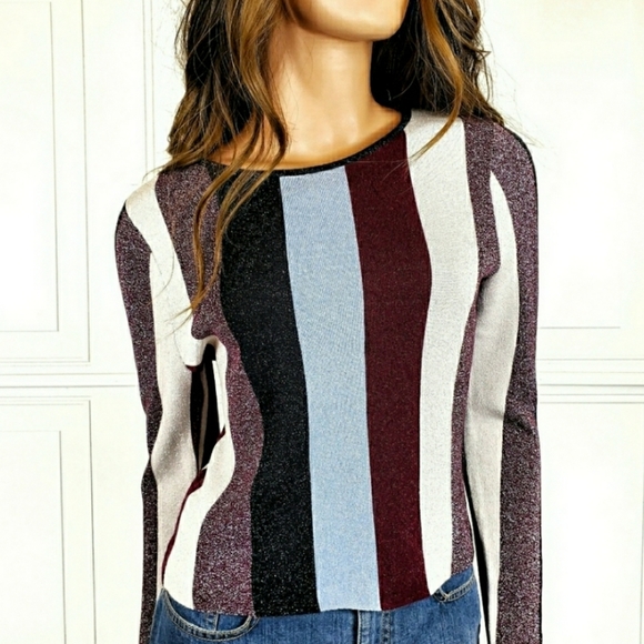 NEW INC Metallic Striped Knit Top M Petite MP Long Sleeve Sparkly - Picture 1 of 7